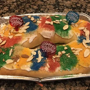 a colorful cake on a tray