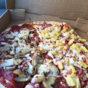 I love the pineapple and ham, my family likes the pepperoni and mushrooms.