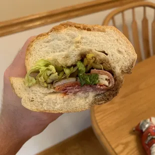 a hand holding a sandwich