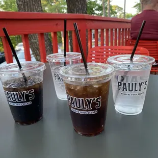 Deck seating, clean tables, 4 drinks