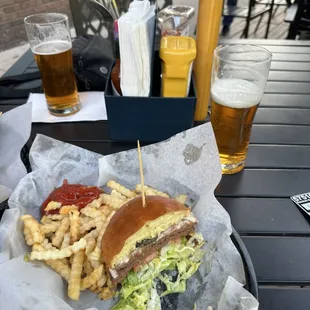 yummy fries and the Plant based burgur (cut in half to split)
