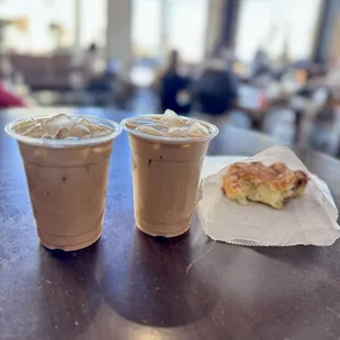 Toffee nut latte / Vanilla Latte / half eaten bear claw