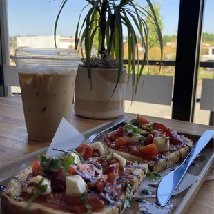 Caprese toast (special) and iced vanilla latte