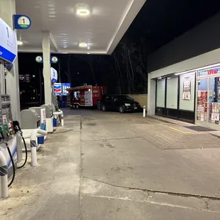 a gas station at night
