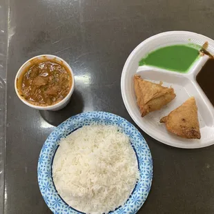 Chicken Curry (back left) &amp; Samosa (back right) with plain steamed rice
