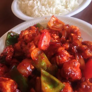 Generous portions of Gobi Manchurian &amp; rice