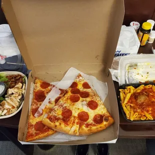 Cobb Salad, pepperoni pizza, medium pasta with bolognes sauce and meatballs.