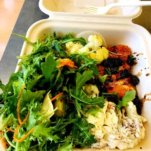 Salmon, goat cheese mashed potatoes, cauliflower, and asparagus salad. Yay for Fridays!