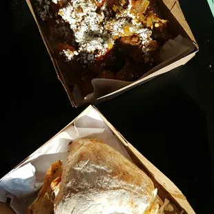 The shrimp and Andouille sandwich plus &quot;green chili&quot; tater tots.