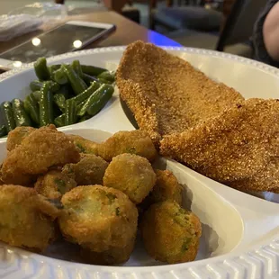 Fried fish, okra and green beans