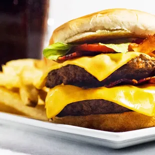 a cheeseburger and fries