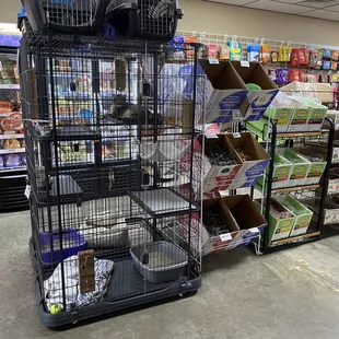 Frozen dog food and a cat cage