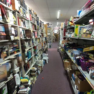 Aisles of books and kid toys.