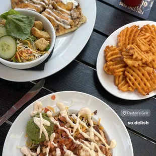 Fajita bowl and special of the day - flatbread with regular waffle fries