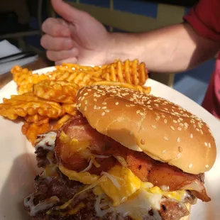 Cheeseburger and waffle fries