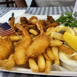 The captain&apos;s platter - fries, shrimp, clams, and oysters