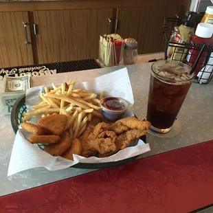 Chicken tender basket w/ fries and Mac &amp; Cheese Bites.