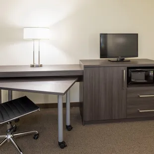 In room desk, refrigerator, microwave and TV