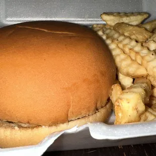 a hamburger and french fries