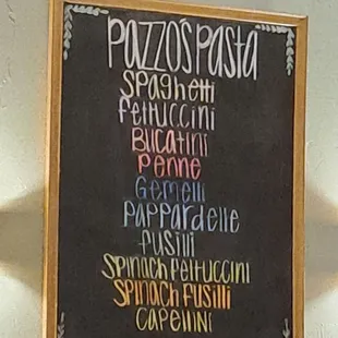 List of the various homemade pastas.