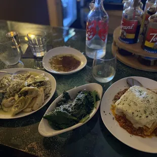 Chicken Piccata, garlic spinach, and Lasagna Bolognese