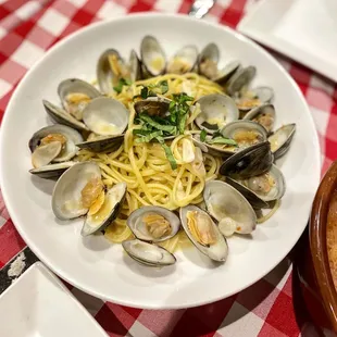 a plate of pasta with clams