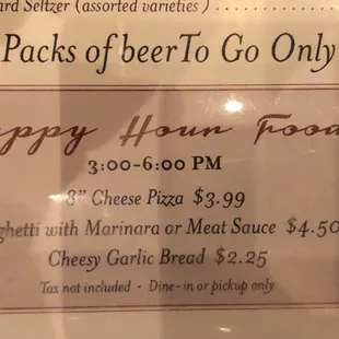 Happy Hour specials. No delivery for HH, I guess.