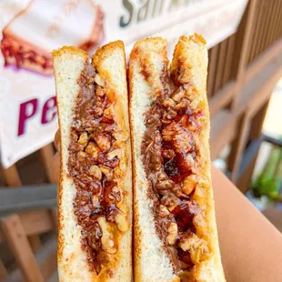 a hand holding a sandwich