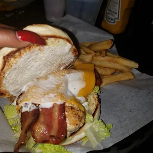 Grilled chicken with bacon and fries ...