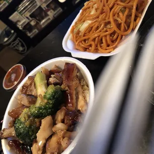 Teriyaki chicken bowl for around 5 bucks with a side of noodles for 2.39!