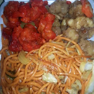 Chow mein, sweet and sour chicken, and orange chicken. Chinese fast food at this location is delicious!