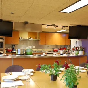 A kitchen classroom, where our PCC Cooks program hosts cooking classes throughout the year.