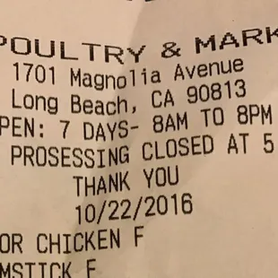 receipt for chicken processing