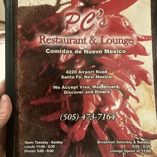 PC&apos;s Restaurant &amp; Lounge.  Menu, front.