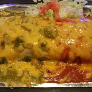 Chicharron burrito with both red and green chile