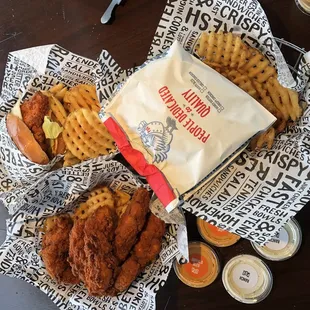 chicken and waffles in a basket
