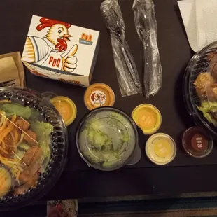 PDQ Fried Chicken Salad plus the dressings and sauces!