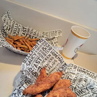 Five piece chicken tender meal with zucchini fries and ginger ale $15
