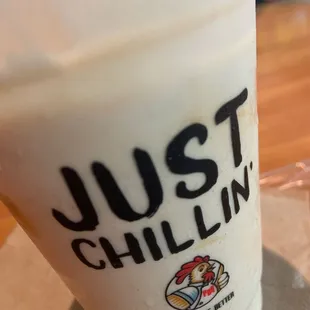 a milkshake with just milk written on it
