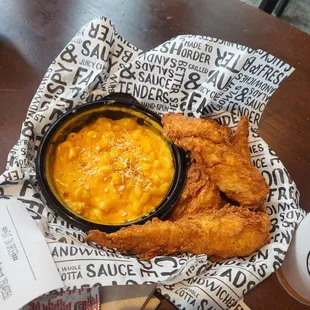 4 piece chicken strips and Mac and cheese