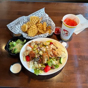 Salad broccoli drink and a free fries