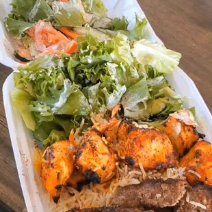 Chicken and beef kabobs overr rice with salad #4