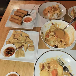 Mussaman Curry, spring rolls and fried tofu.