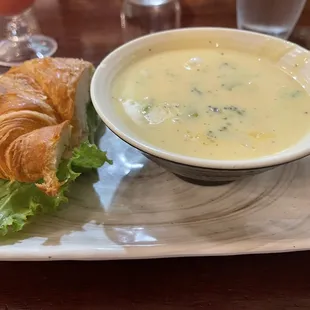 Chicken Salad Croissant and Broccoli Cheese Soup.
