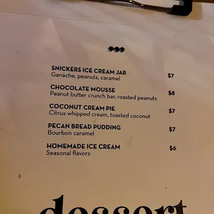 Dessert menu