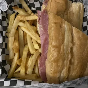 Wonderfully full box of Cuban and fries.  I had around 10 fries before taking the photo.