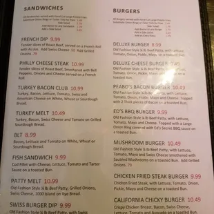 Sandwich &amp; Burger menu.