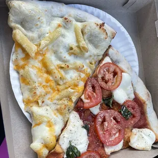 Mac n cheese pizza and margherita pizza