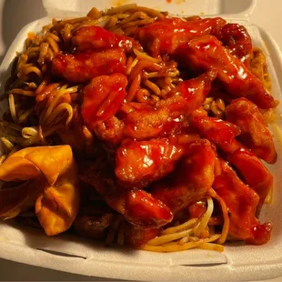 Sweet and sour pork dinner combo with mostly chow mein!