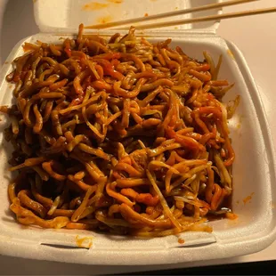 Sweet and sour pork dinner combo. This is how much chow mein my teenager did not eat!